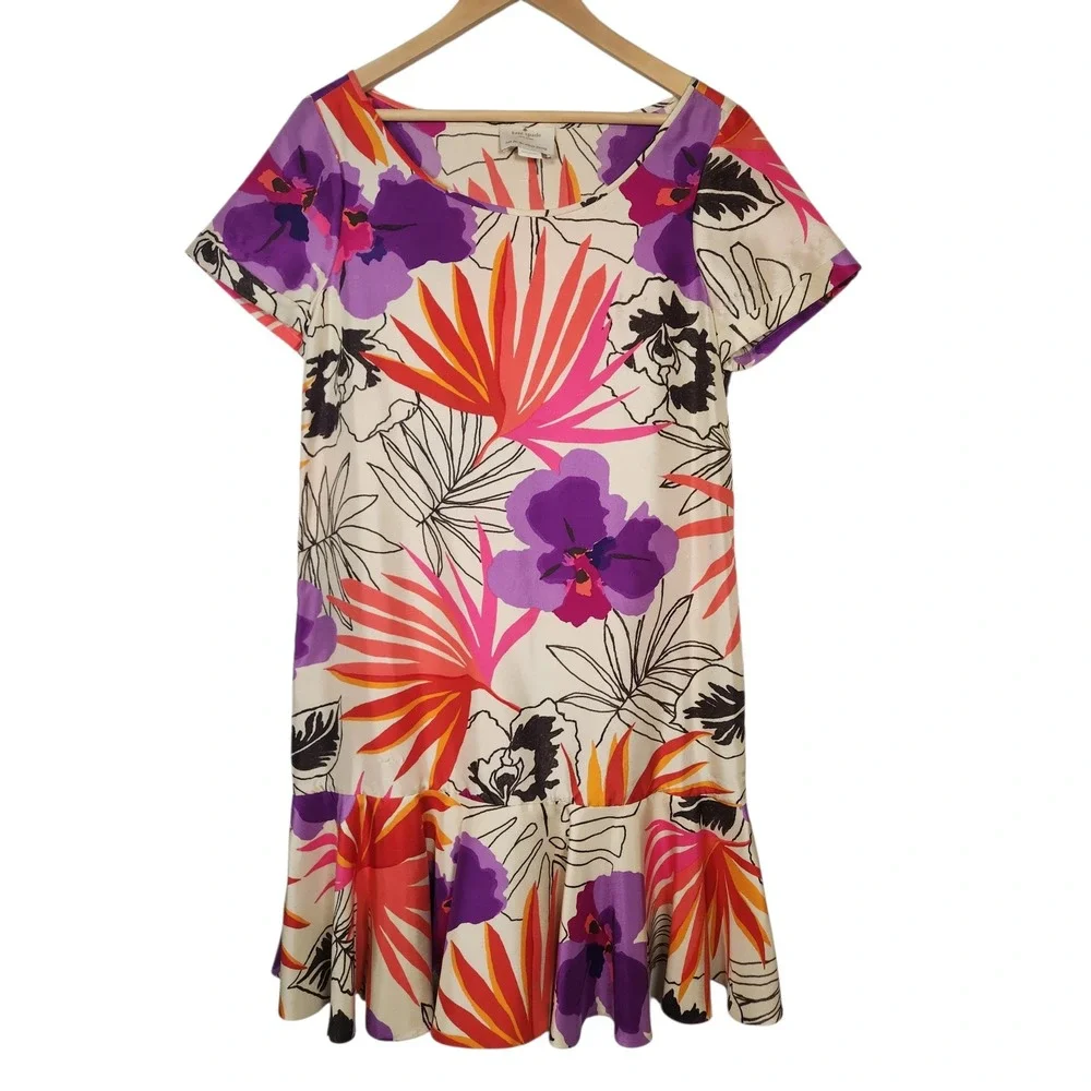Kate Spade Eliana Silk Tropical Orchid Drop Waist Ruffle Hem‎ Shift Dress Floral